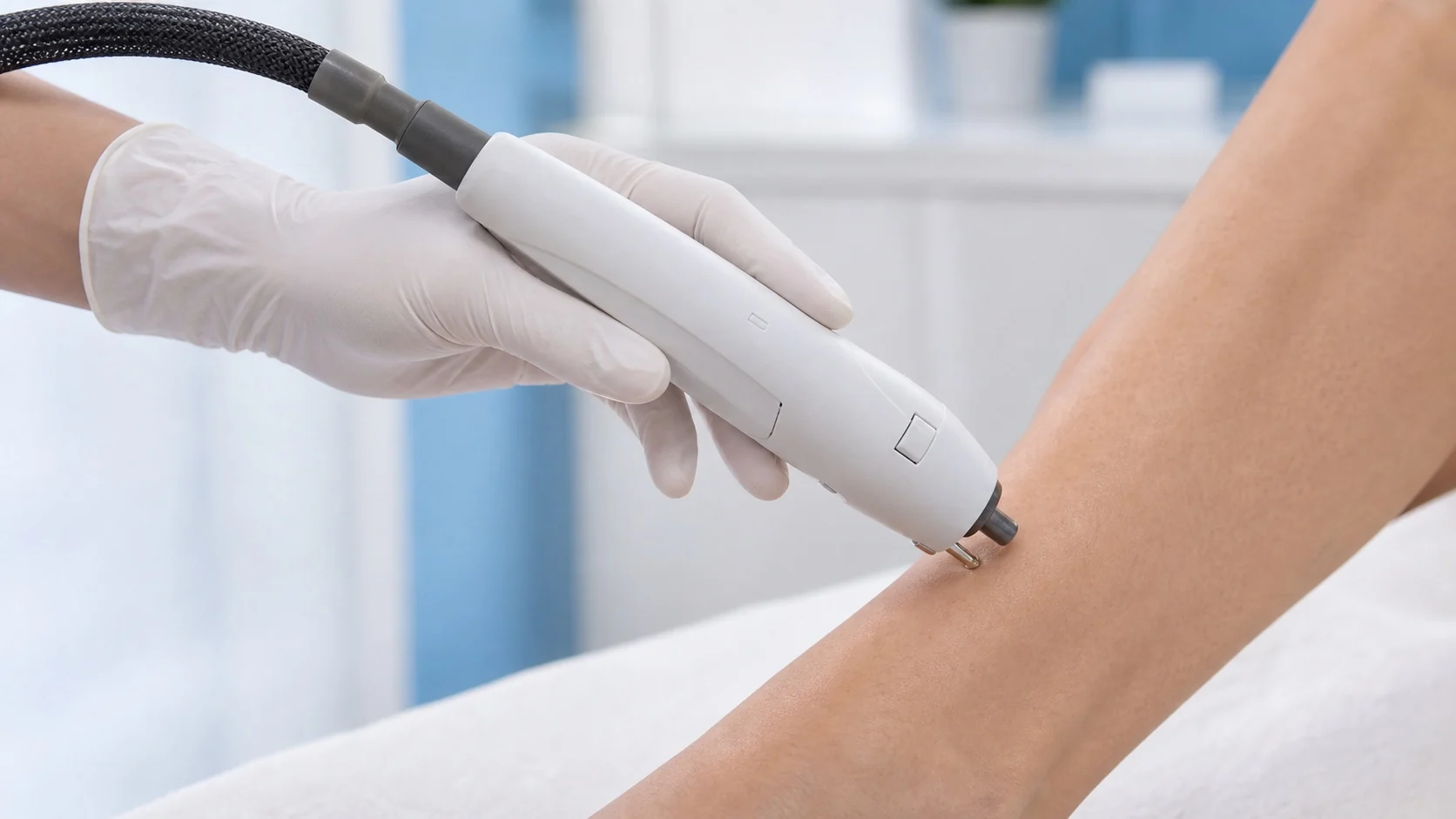 A 755 nm alexandrite laser handpiece during treatment